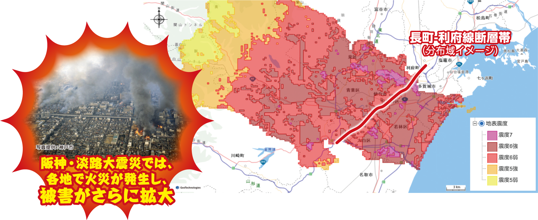 長町-利府線断層帯分布域イメージ 阪神・淡路大震災では、各地で火災が発生し、被害がさらに拡大